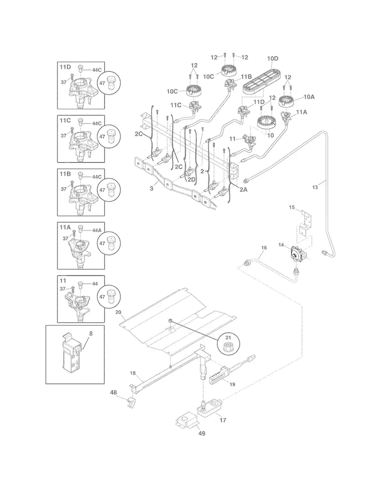 Burner Diagram and Parts List for CRG3180PWA  Crosley Range