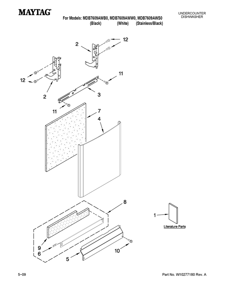 Door And Panel Parts Diagram and Parts List for MDB7609AWB0  Maytag Dishwasher