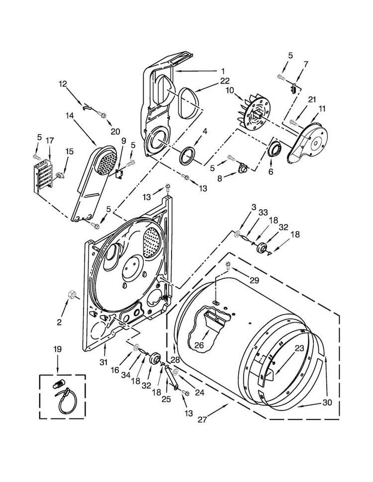Bulkhead Parts Diagram and Parts List for NED4655EW0  Amana Dryer