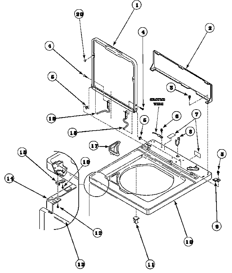 CAB TOP / LOADING DR & CTRL HOOD REAR PAN Diagram and Parts List for LWS17AW PLWS17AW Speed Queen Washer