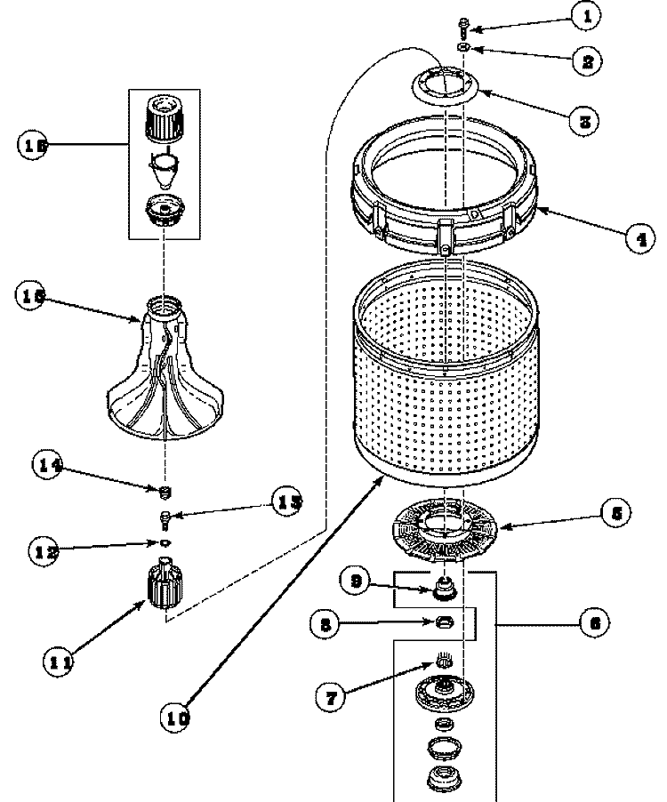 AGITATOR / DRIVE BELL / SEAL KIT / TUB & HUB Diagram and Parts List for LWS17AW PLWS17AW Speed Queen Washer