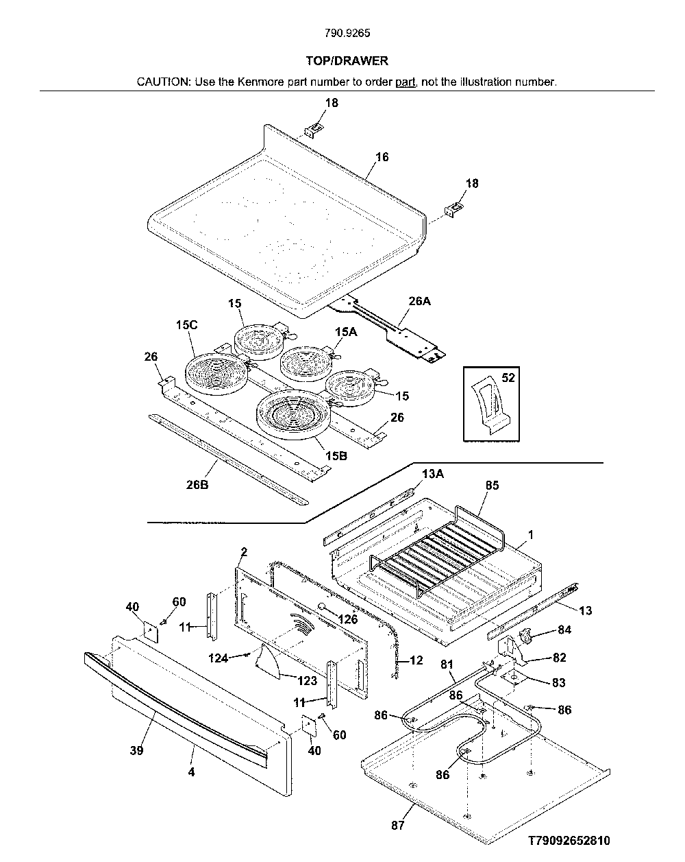 Top/Drawer Diagram and Parts List for 79092653810  Kenmore Range