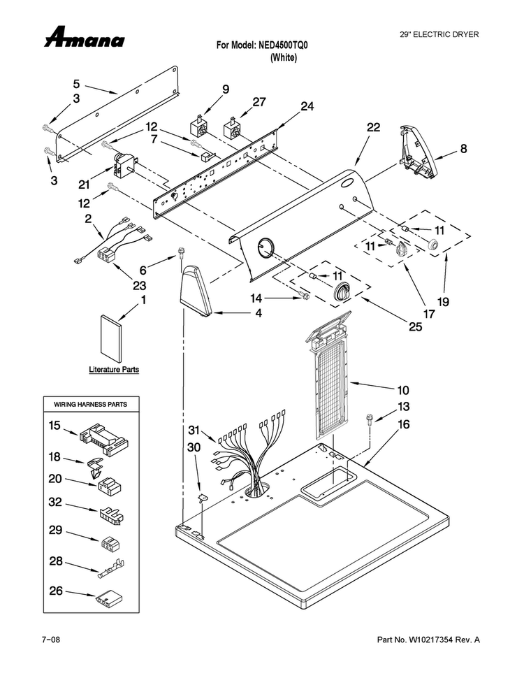 Top And Console Parts Diagram and Parts List for NED4500TQ0  Amana Dryer