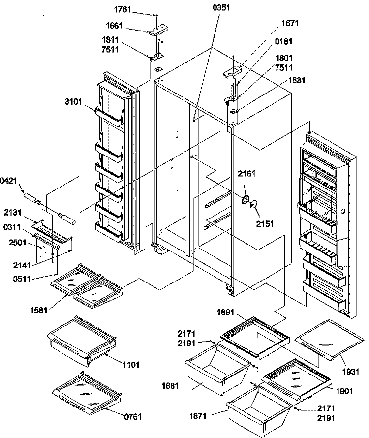 REF / FZ SHELVES, LIGHTS, AND HINGES Diagram and Parts List for SB520TW P1308601W W Amana Refrigerator