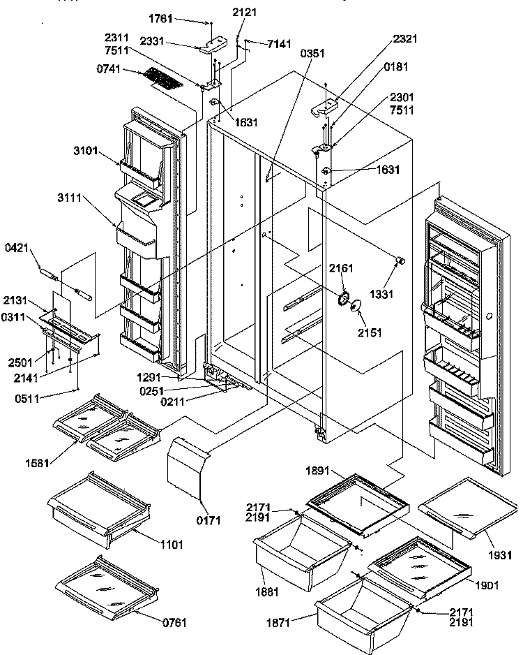 REF / FZ SHELVES, LIGHTS, AND HINGES Diagram and Parts List for SRD520TE P1308801W E Amana Refrigerator