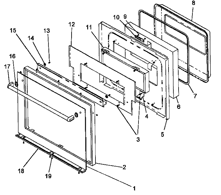OVEN DOOR, FRAMELESS Diagram and Parts List for ACO27DEW P1172604SEW Amana Range
