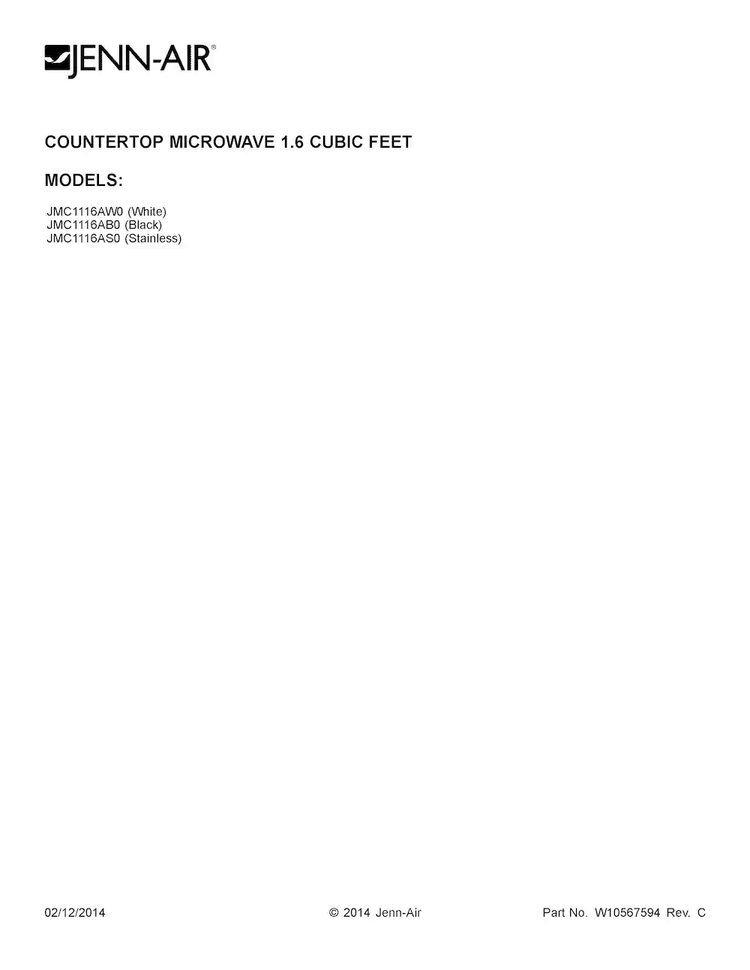 Cover Sheet Diagram and Parts List for JMC1116AW0  Jenn-Air Microwave