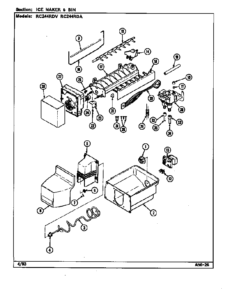 Ice Maker & Bin Diagram and Parts List for RC244RDA DS83B Magic Chef Refrigerator