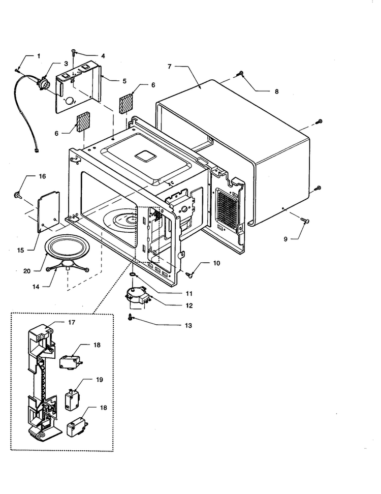 Oven Cavity/latch Assembly Diagram and Parts List for F1331E-P1323104M  Amana Microwave