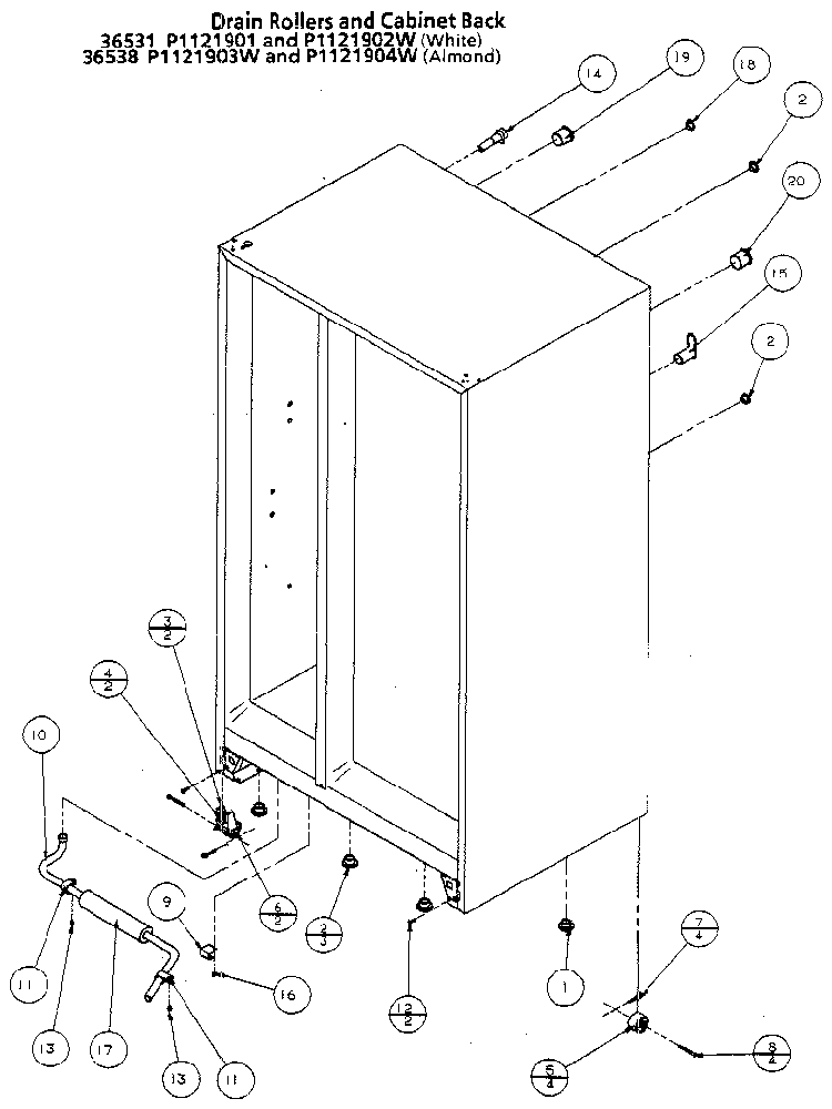 Drain Rollers And Cabinet Back Diagram and Parts List for 36531-P1121902W  Amana Refrigerator