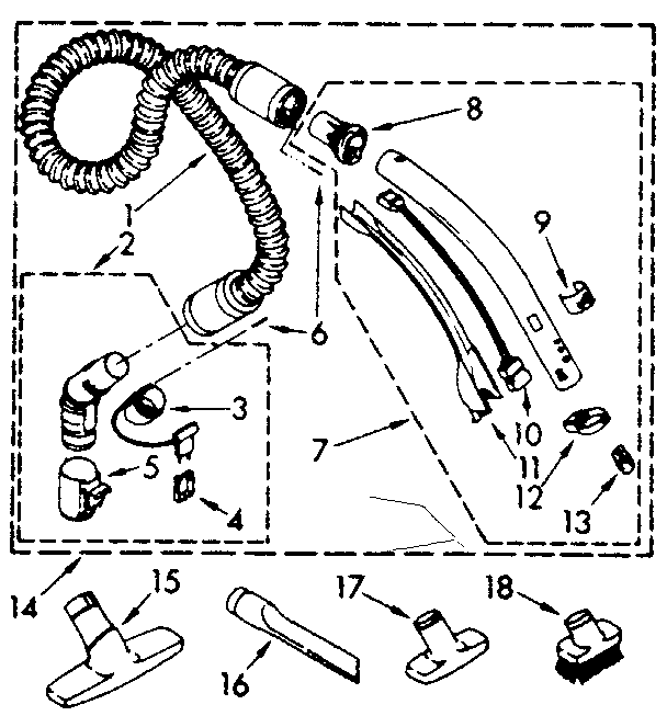 Hose And Attachment Parts Diagram and Parts List for 1162543082  Kenmore Canister Vacuum