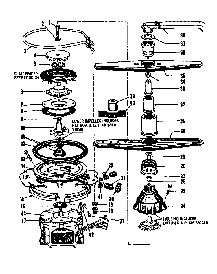 MOTOR, HEATER & SPRAY ARM DETAILS Diagram and Parts List for DCS-211-1A DCS-211-1 A Caloric Dishwasher