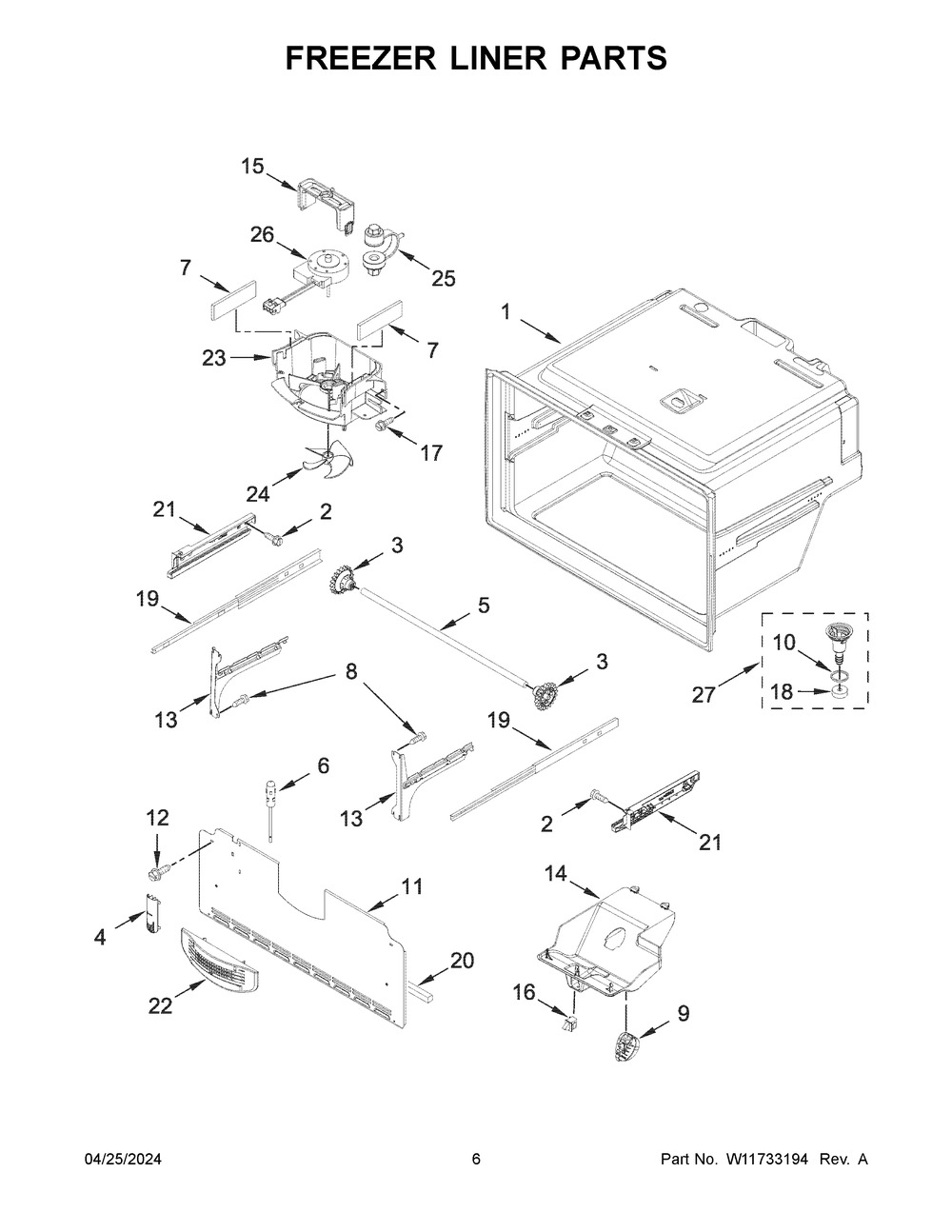 Freezer Liner Parts Diagram and Parts List for MFI2570FEZ16  Maytag Refrigerator