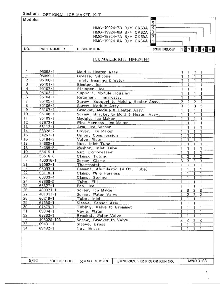 Optional Ice Maker Kit Page 2 Diagram and Parts List for 19924-0A  Admiral Refrigerator