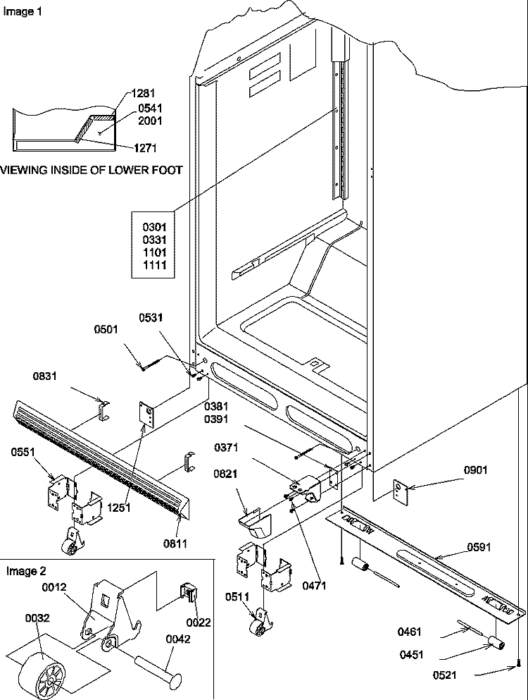 LADDERS, LOWER CABINET AND ROLLERS Diagram and Parts List for TR18TW P1303101W W Amana Refrigerator