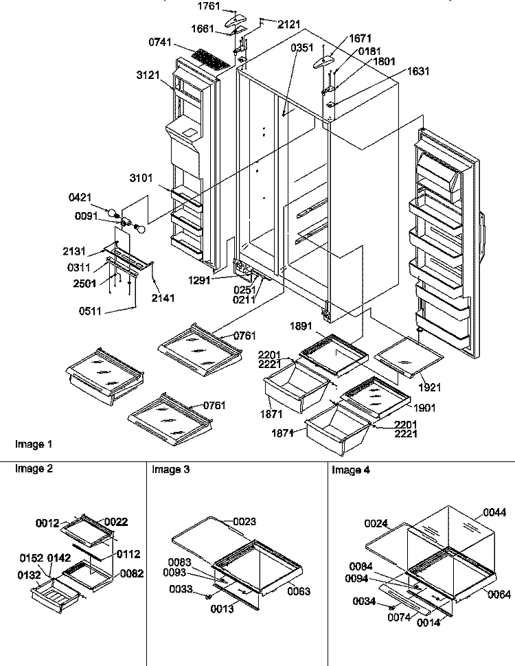 REFRI / FREEZ SHELVES, LIGHTS, & HINGES Diagram and Parts List for SXD22S2W P1303512W W Amana Refrigerator
