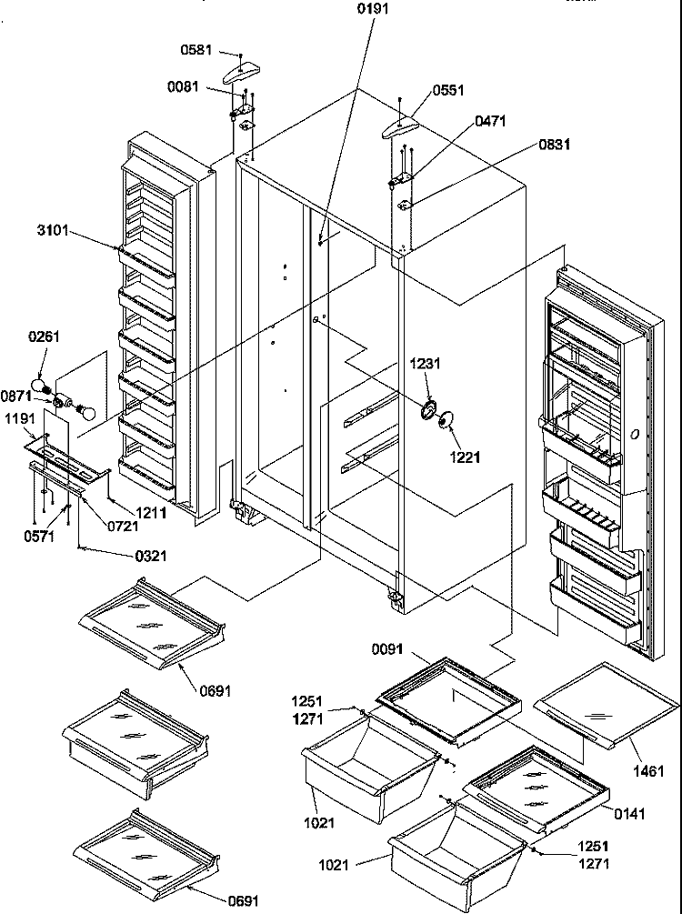 REFRIG / FZ SHELVES / LIGHTS / LIGHTS / & HINGES Diagram and Parts List for SS25TL P1194004W L Amana Refrigerator
