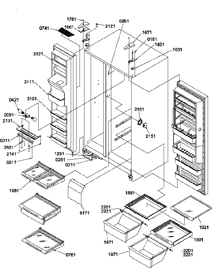 Refrigerator/freezer Shelves, Light, And Hinges Diagram and Parts List for SRD22VPW-P1190320WW  Amana Refrigerator
