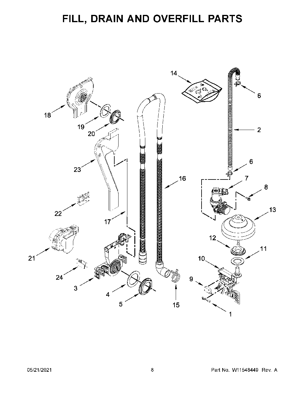 Fill, Drain And Overfill Parts Diagram and Parts List for 66514793N513  Kenmore Dishwasher
