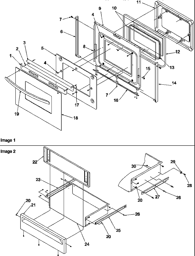 OVEN DOOR & STORAGE DRAWER Diagram and Parts List for ZRRSC8050E P1130653N E Amana Range
