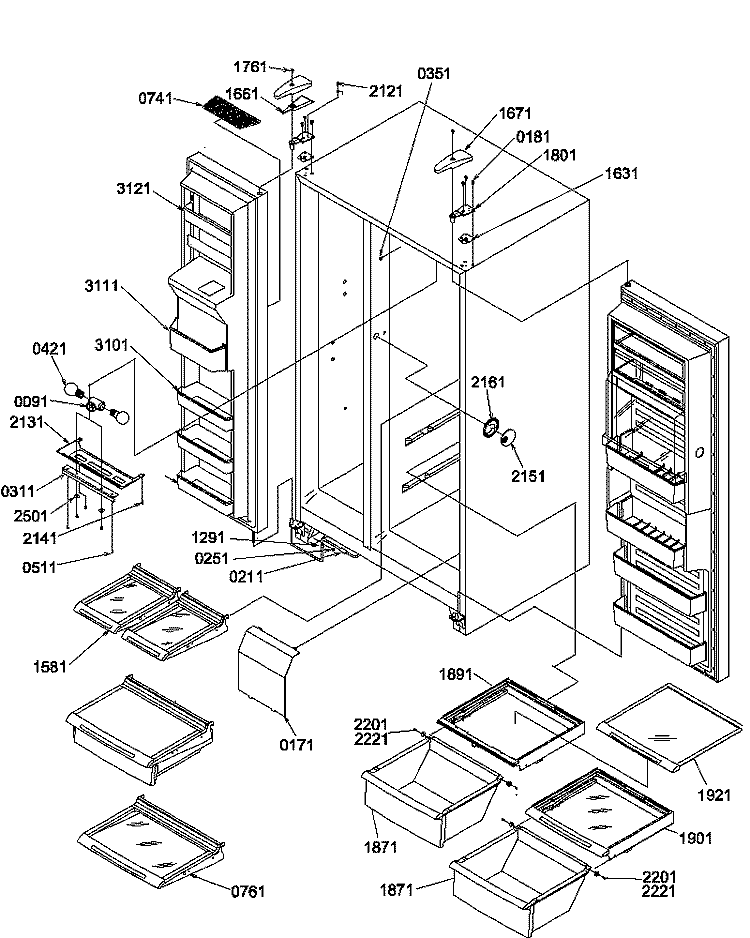REF / FZ SHELVES / LIGHTS / HINGES Diagram and Parts List for SRD22S3W P1190327W W Amana Refrigerator
