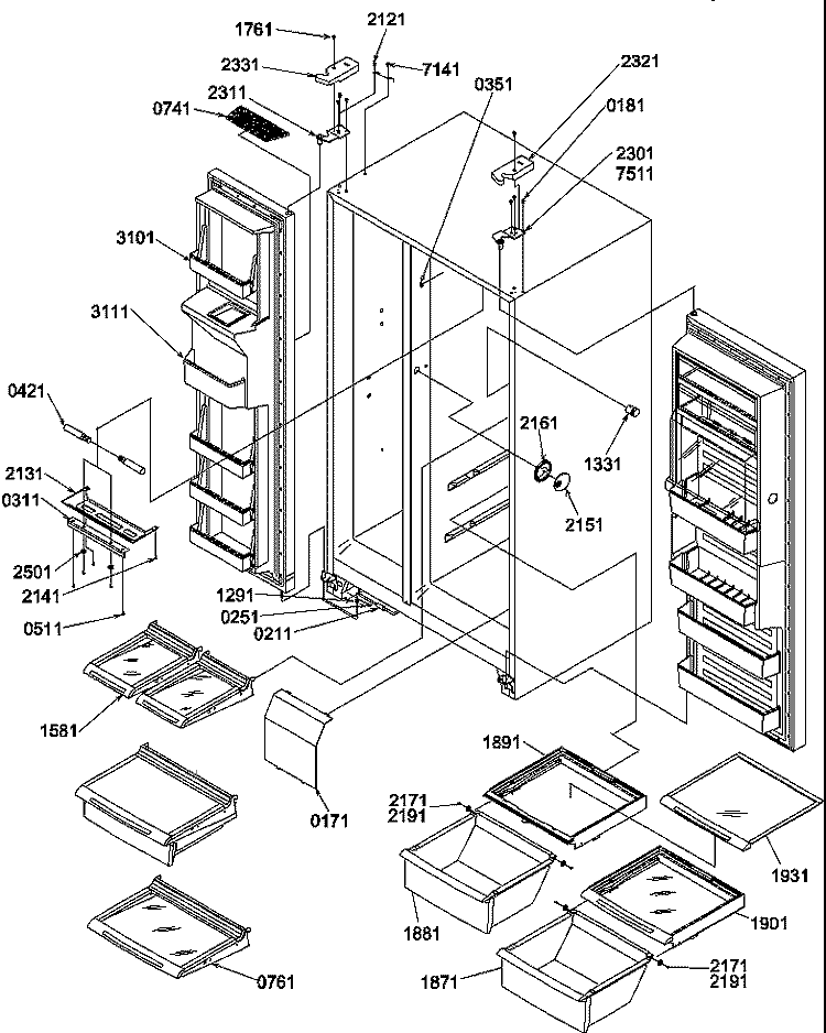 REF / FZ SHELVES, LIGHTS, AND HINGES Diagram and Parts List for SBDT520TW P1313201W W Amana Refrigerator