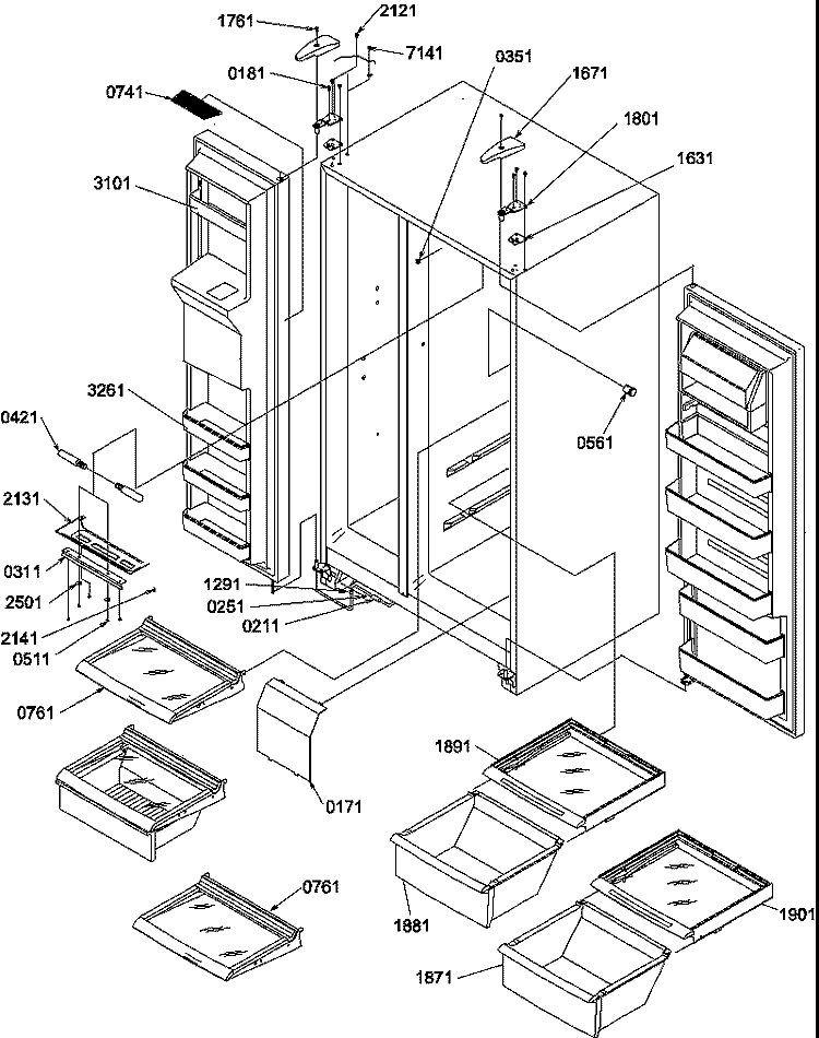 REF / FZ SHELVES, LIGHTS, AND HINGES Diagram and Parts List for SSD522TBW P1313601W W Amana Refrigerator