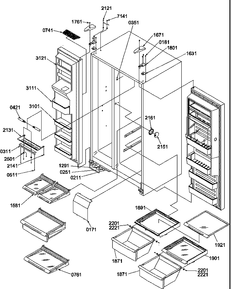 REF / FZ SHELVES, LIGHTS, AND HINGES Diagram and Parts List for SRD526TW P1313401W W Amana Refrigerator