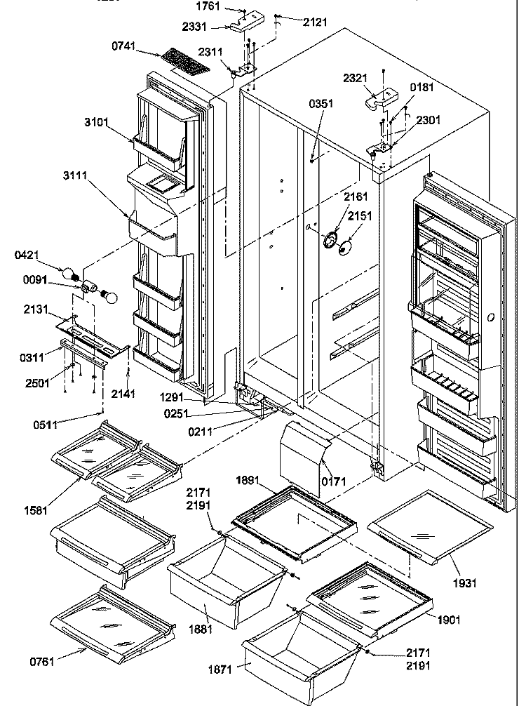 REF / FZ SHELVES, LIGHT AND HINGES Diagram and Parts List for SBDE20S4SW P1190903W W Amana Refrigerator