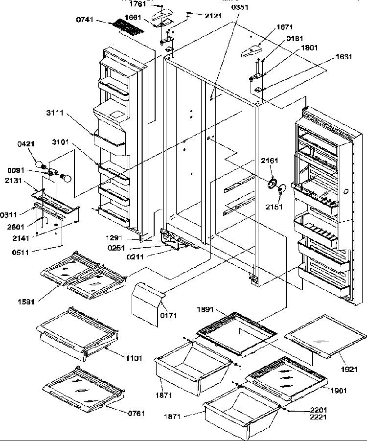 Refrigerator/freezer Shelves, Lights, And Hinges Diagram and Parts List for SRD27TPSE-P1190313WE  Amana Refrigerator