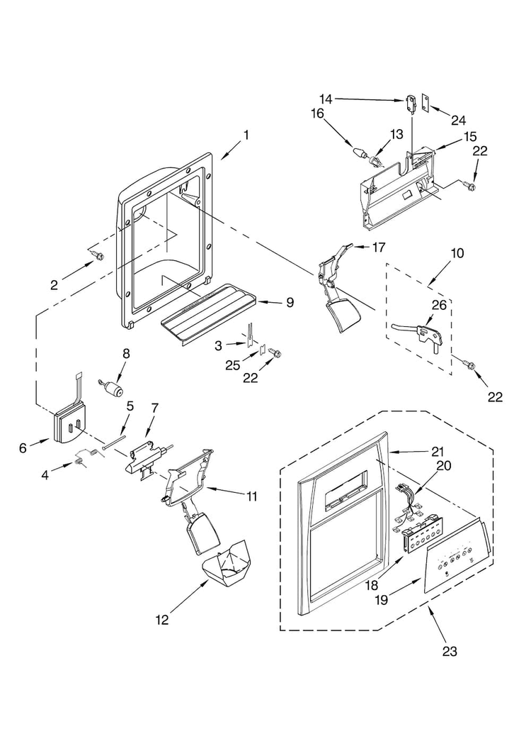 Dispenser Front Parts Diagram and Parts List for MSD2550VES00  Maytag Refrigerator