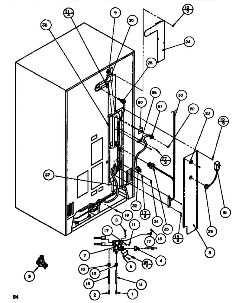 Cabinet Back Diagram and Parts List for SBDT520M-P1164101W  Amana Refrigerator
