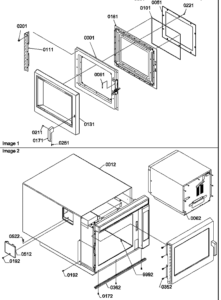 DOOR ASSY / REMOVAL & OUTER CASE Diagram and Parts List for DCA2000 P1194105M Amana Microwave