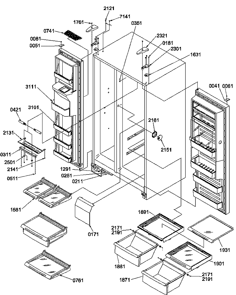 REF / FZ SHELVES, LIGHTS, AND HINGES Diagram and Parts List for SRD520TE P1313101W E Amana Refrigerator