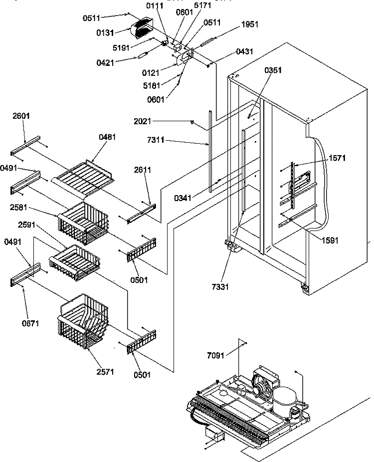 FZ SHELVES AND LIGHT Diagram and Parts List for SRD327S3W P1312502W W Amana Refrigerator