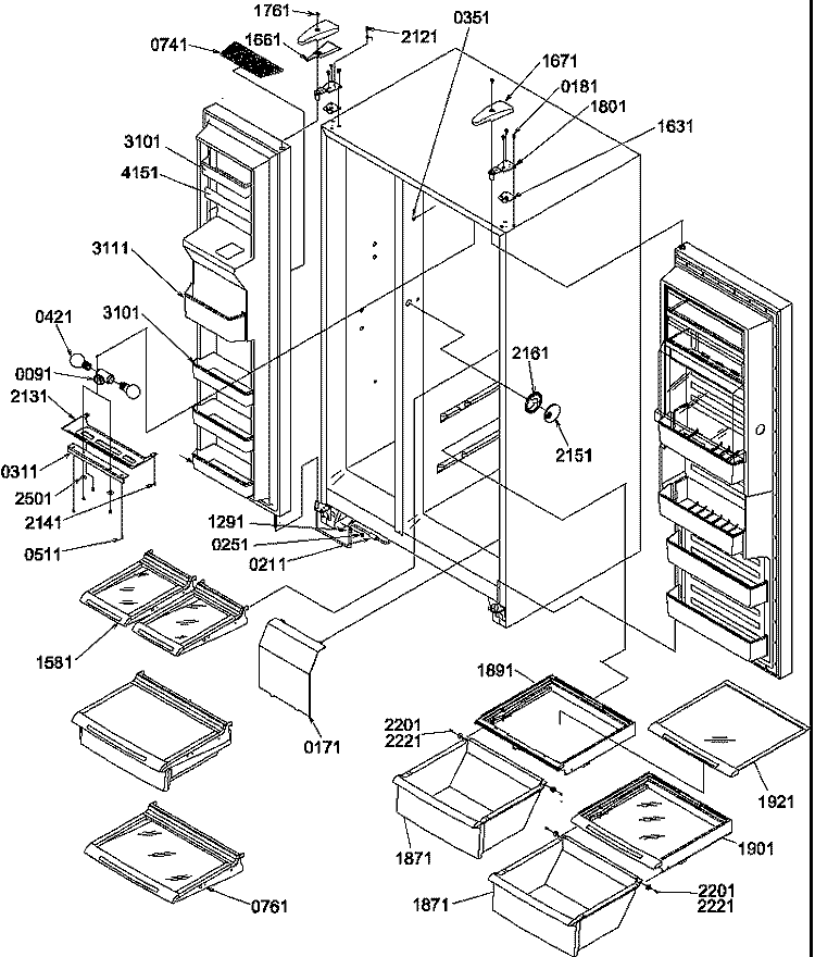REF / FZ SHELVES, LIGHTS, AND HINGES Diagram and Parts List for SRD27S2W P1190321W W Amana Refrigerator