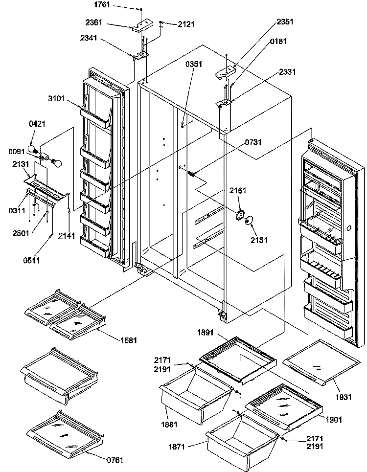 REF / FZ SHELVES, LIGHTS, AND HINGES Diagram and Parts List for SBI20TPL P1190705W L Amana Refrigerator