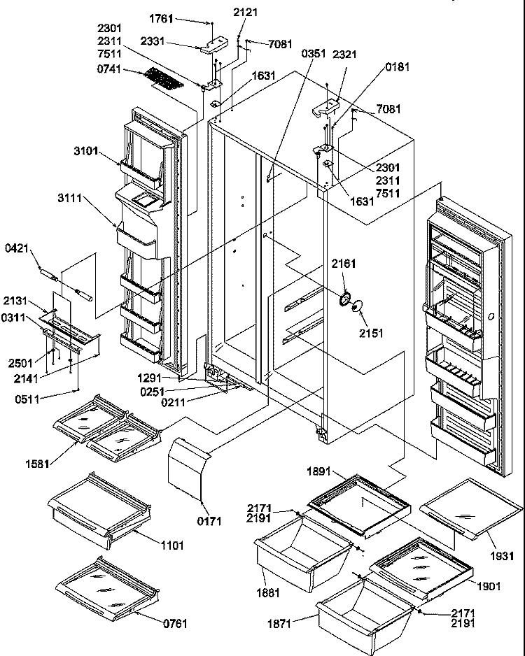 REF / FZ SHELVES, LIGHT, AND HINGES Diagram and Parts List for SRDE520TW P1312401W W Amana Refrigerator