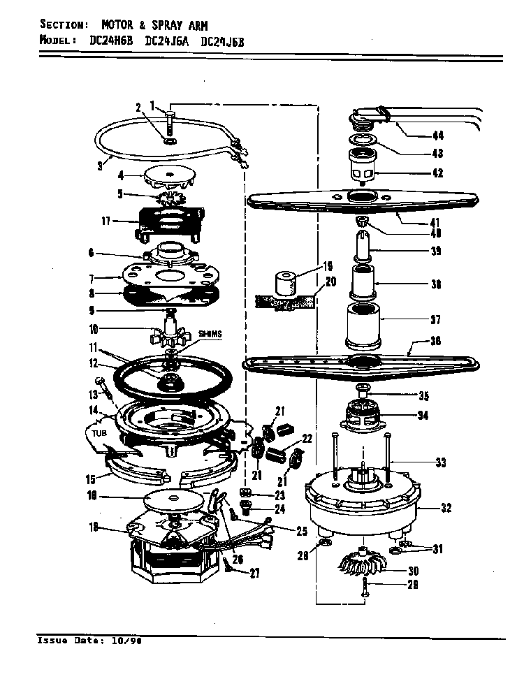 Motor & Spray Arm Diagram and Parts List for DC24J6  Maytag Dishwasher