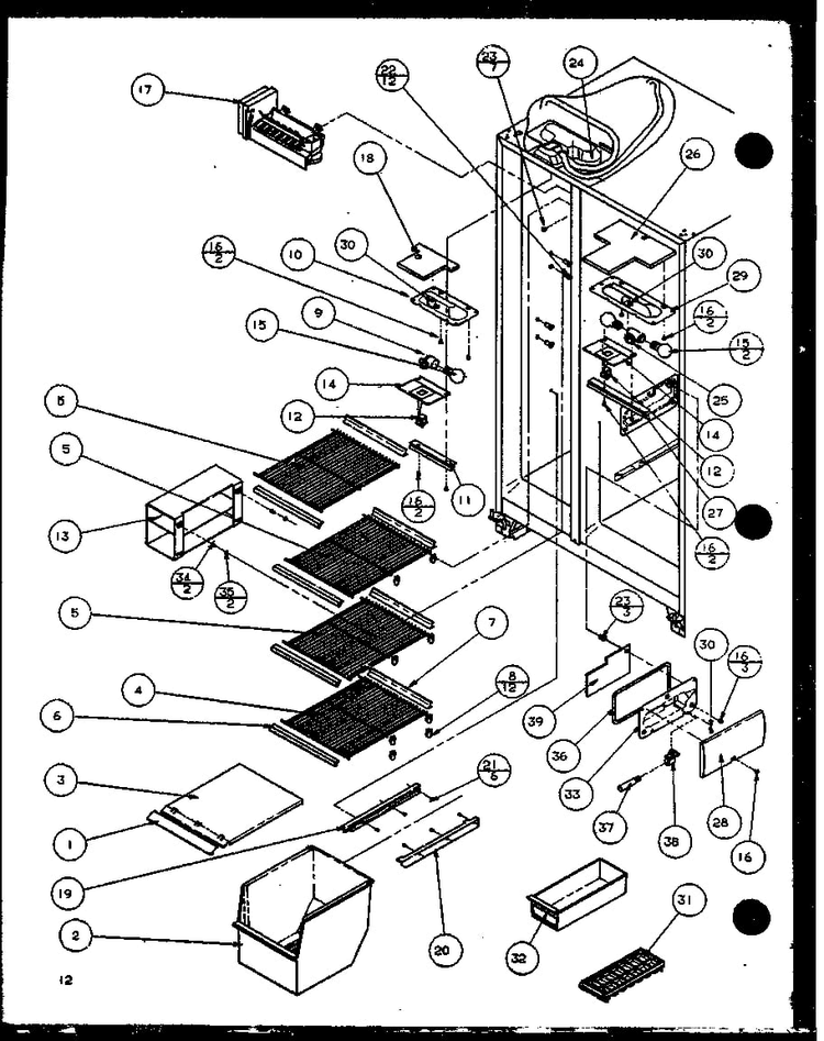 Freezer Shelving And Refrigerator Light Diagram and Parts List for SZ22ML-P1120608WL  Amana Refrigerator