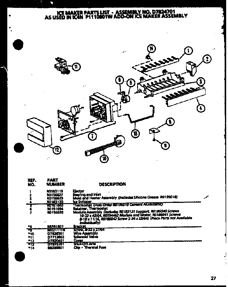 Ice Maker Diagram and Parts List for SX22J-P1116004W  Amana Refrigerator