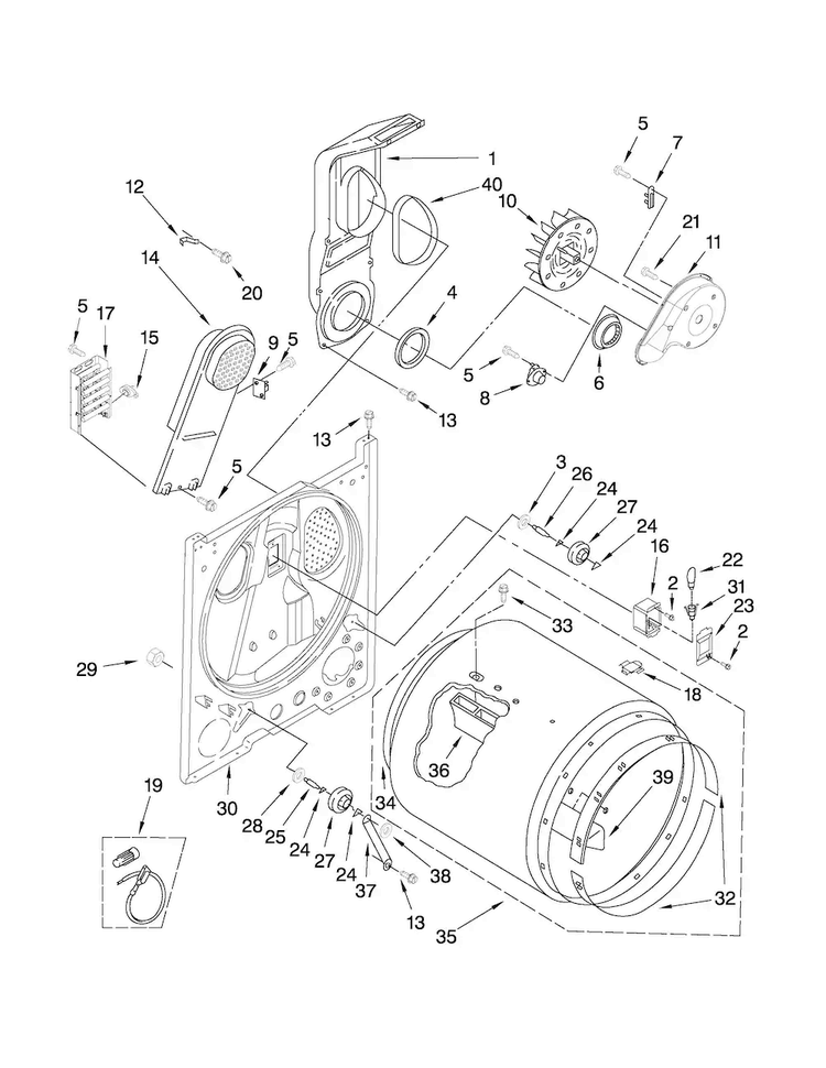 Bulkhead Parts Diagram and Parts List for NED4800VQ1  Amana Dryer