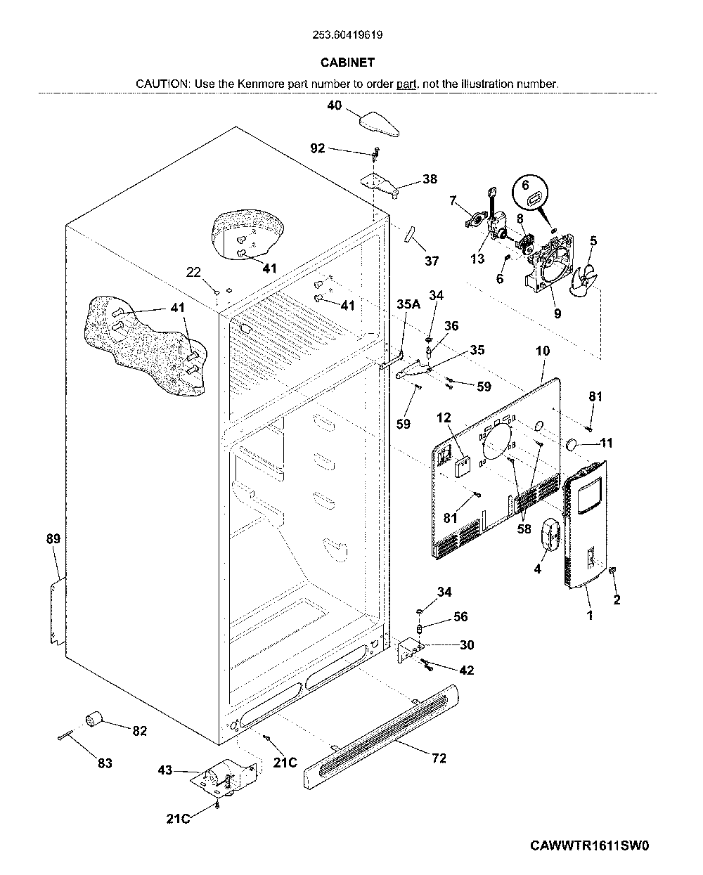 Cabinet Diagram and Parts List for 25360419619  Kenmore Refrigerator