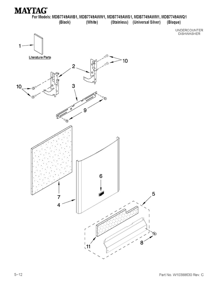 Door And Panel Parts Diagram and Parts List for MDB7749AWQ1  Maytag Dishwasher