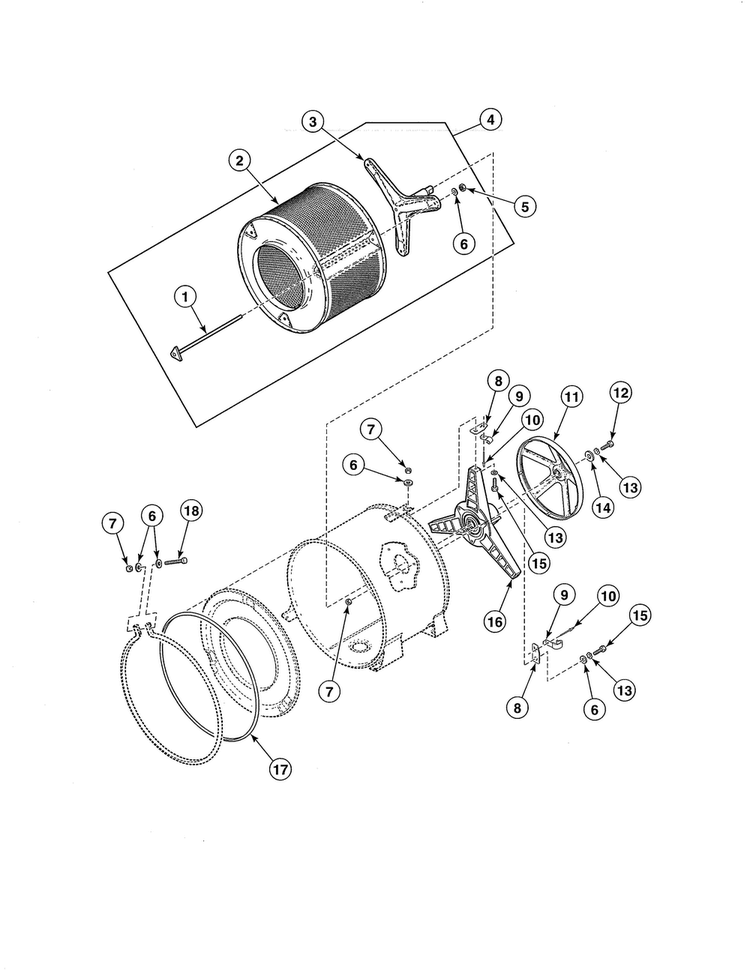 Inner Basket/trunnion/bearing Housing/pulley Diagram and Parts List for SWF261WH  Speed Queen Washer
