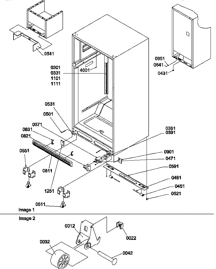 LADDERS, LOWER CABINET AND ROLLERS Diagram and Parts List for TR21V2W P1316001W W Amana Refrigerator