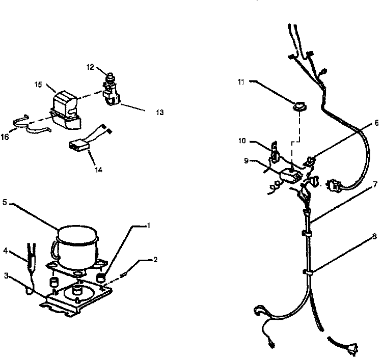 COMPRESSOR AND WIRING HARNESS Diagram and Parts List for C221FW P1125113W Amana Freezer
