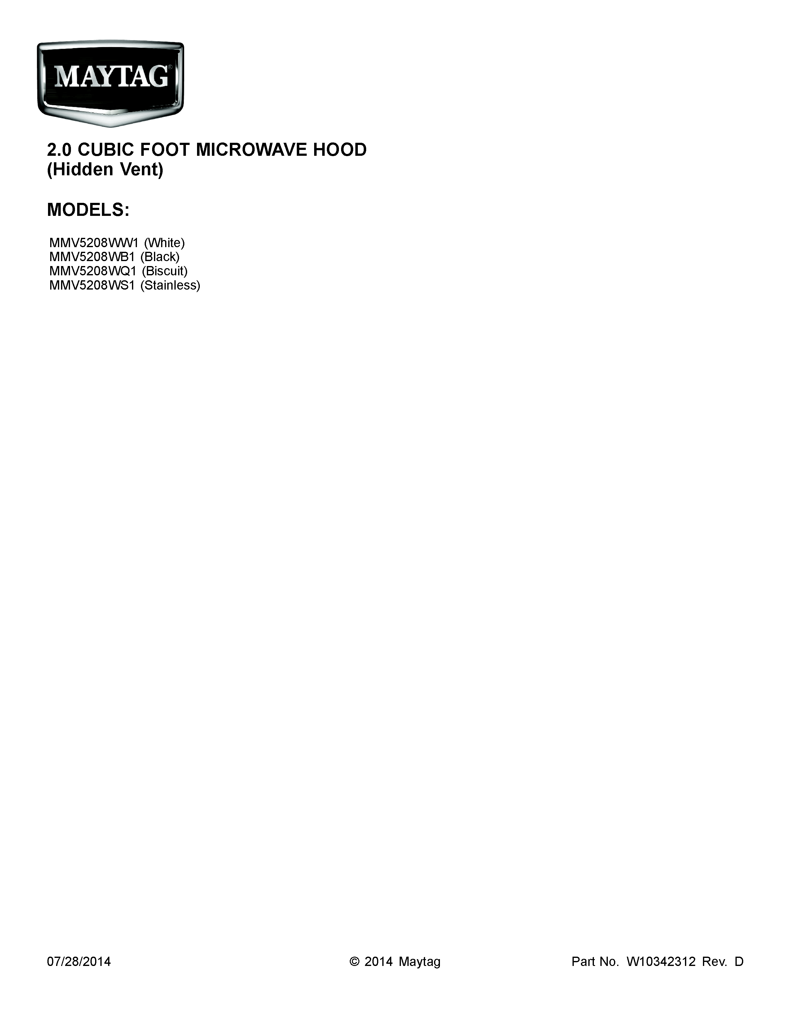 Cover Sheet Diagram and Parts List for MMV5208WB1  Maytag Microwave