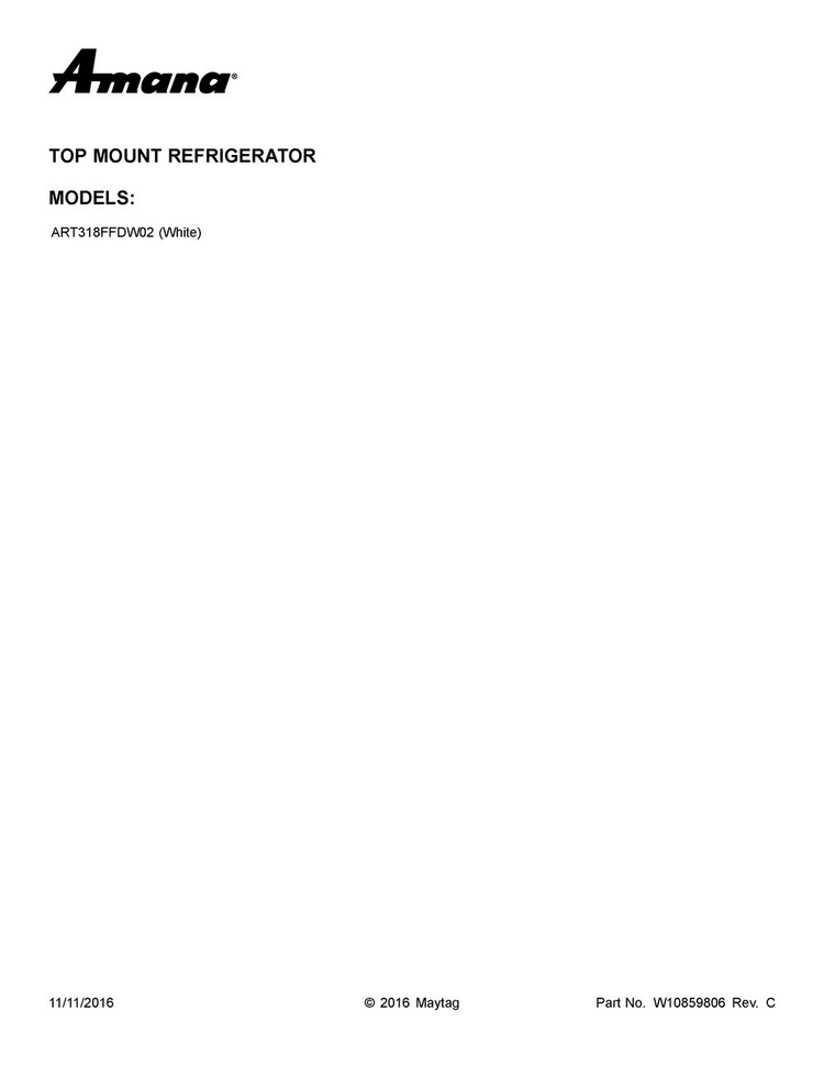 Cover Sheet Diagram and Parts List for ART318FFDW02  Amana Refrigerator