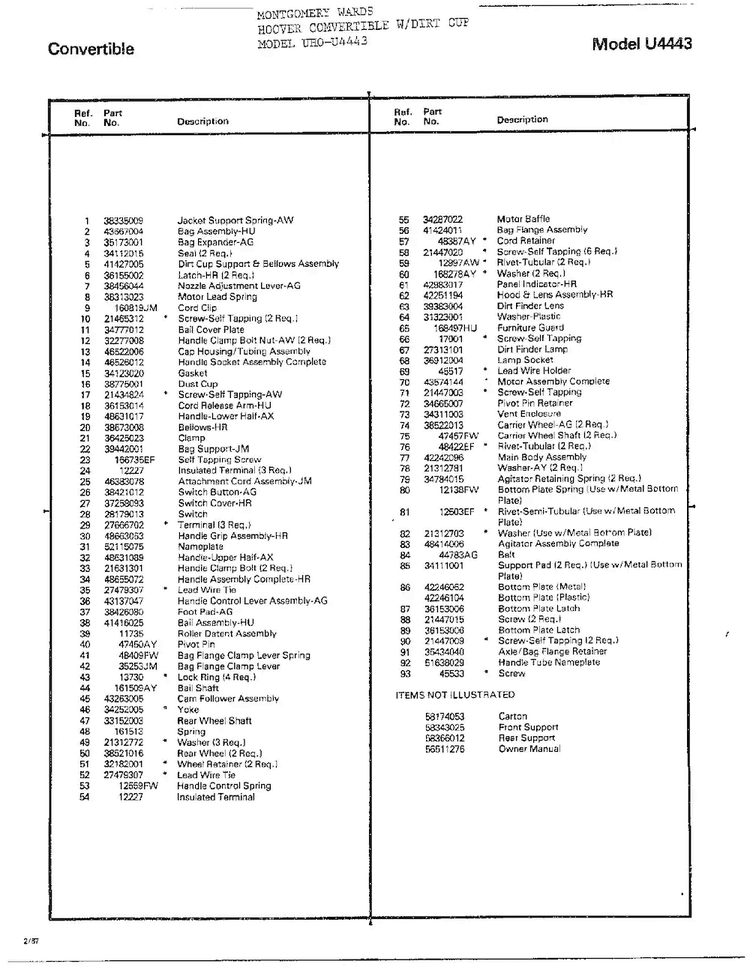 Hoover Convertible Page 2 Diagram and Parts List for U4443  Hoover Upright Vacuum
